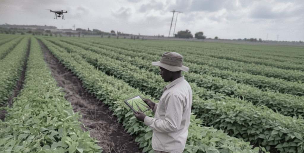 farmer examine his crop using drone footage