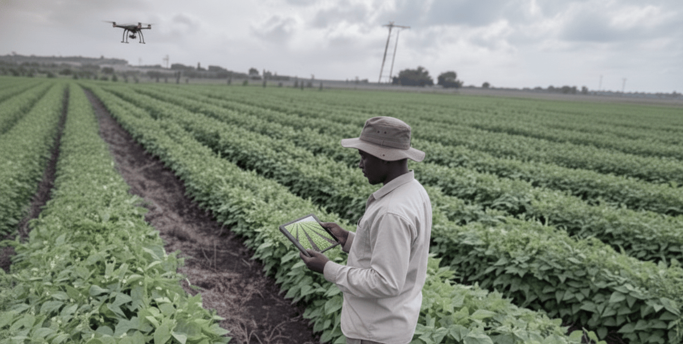 farmer examine his crop using drone footage